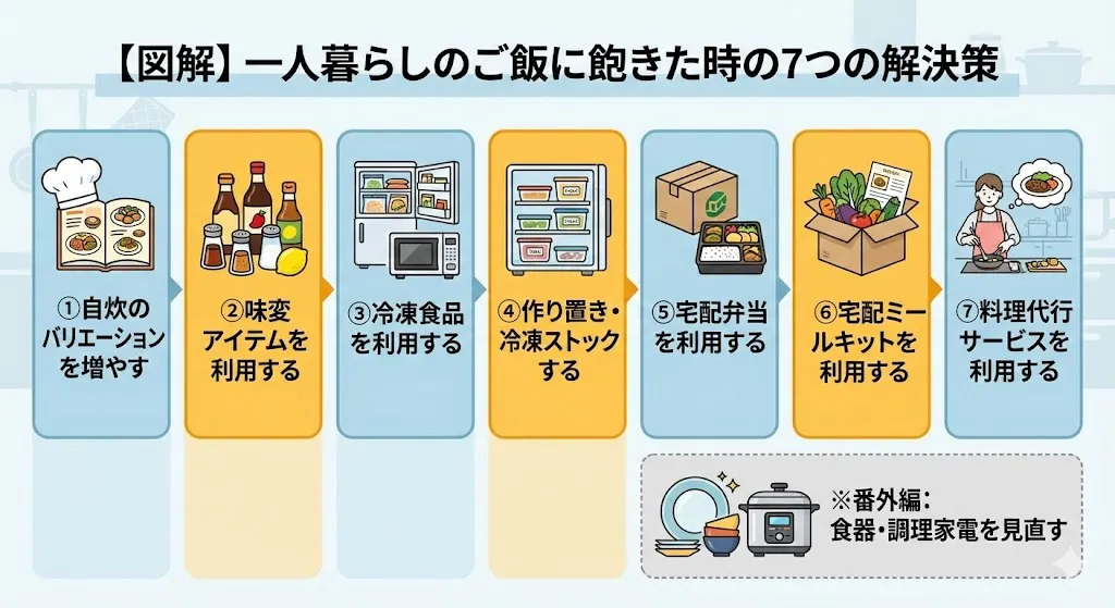 一人暮らしのご飯に飽きた時の7つの解決策